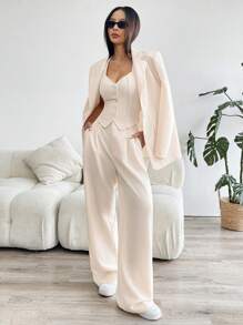 SHEIN EZwear 秋冬女士纯色缺口领长袖夹克、单排扣背心和裤子套装 - 杏色 - 查看 1