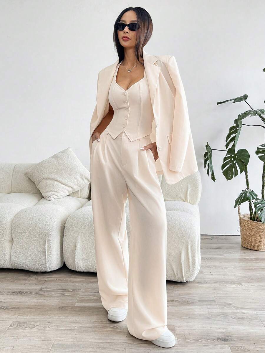 SHEIN EZwear 秋冬女士纯色缺口领长袖夹克、单排扣背心和裤子套装 - 杏色 - 查看 1