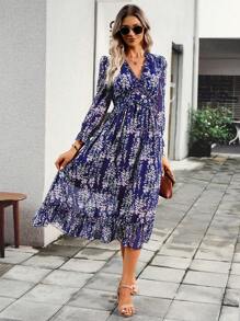 SHEIN Clasi Đầm Maxi Họa Tiết Hoa Nhỏ Gọn Tay Phồng Viền Xếp Ly Cho Kỳ Nghỉ Bãi Biển Nữ - Màu xanh lam - Xem 4