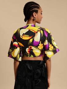 Travachic 女式编织印花短袖短款衬衫 - 黑色 - 查看 4