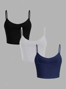 SHEIN EZwear 3st Slim Fit Cropped Camisole Linne för kvinnor, lämplig för sommaren - Multifärgad - Visa 2