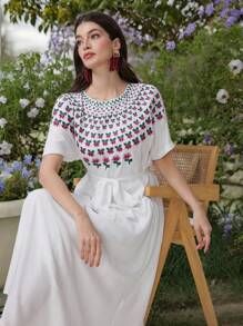 Mulvari Elegant Embroidered Women's Long Dress, Casual And Fashionable For Everyday Wear