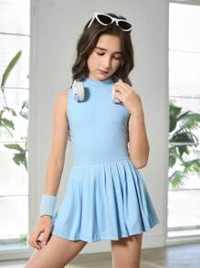 SHEIN Tween 女童户外连体衣，带防窥运动连体衣，后背隐形拉链，适合跑步、健身、篮球、足球、网球、羽毛球、时尚 - 藍色 - 查看 4