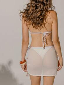 Aralina White Mesh Drawstring Ruched Mini Beach Vacation Skirt Cover Up For Summer - White - View 2