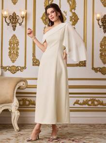 Modelyn Elegant Women's Banquet Apricot Skew-Shoulder Chiffon Lotus Sleeve Dress,Autumn Wedding Guest Dining Festival Clothes,Old Money Modest Summer Gown - Apricot - View 6