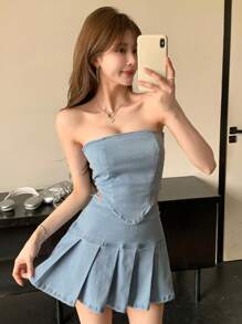 DAZY 2pcs/Set Women's Fitted Short Denim Tube Top And Pleated Denim Mini Skirt Outfit Summer - Light Wash - View 4