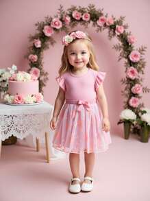 SHEIN Glamorique Kids 2 件装年轻女孩优雅盖袖上衣和刺绣网眼蝴蝶结装饰裙套装，适合派对、聚会、郊游、度假、夏季 - 粉色 - 查看 1