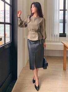 DAZY 女士纯色圆领泡泡袖通勤衬衫亚麻长袖上衣 - 棕色 - 查看 7