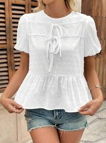 Chiquease Women's Bowknot Puff Sleeve Ruffled Hem Embroidered Blouse - White - View 7