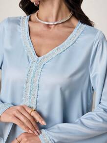 Al Najma Vestido modesto de estilo árabe con impresión floral, patchwork y cuello en V de manga larga con cinta