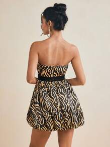 ODELIAR Designer Strapless Allover Print Puffball Mini Dress, Concert Outfit, Prom Dress, For Rave - Yellow - View 2