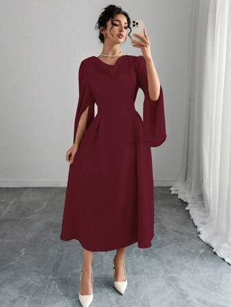 Chiquease 纯色露肩休闲日常连衣裙，简约风格长款女装