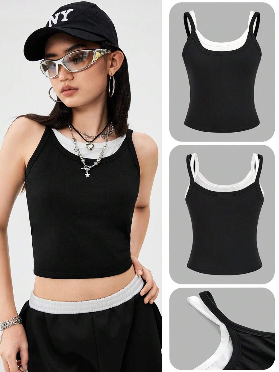 SHEIN Tween Girls 2 In 1 Crop Top Black And White Patchwork Knitted Tank Top - Black - View 1