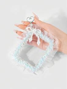 ROMWE Kawaii 1 件优雅时尚手工珍珠蝴蝶结、蓝色蕾丝、网状透明身份证/卡夹、钥匙扣、包包饰品，适合办公室女士、学生、女士、日常穿着和礼物