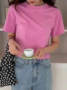 DAZY 女式圆领短袖T恤夏季，图案T恤 - 粉色 - 查看 6