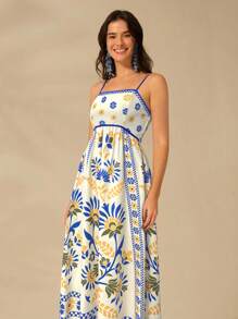 CAJUNI Women Vacation Spaghetti Strap Backless Selenipedium And Azalea Print Camisole Casual Summer Dress, Elegant And Graceful