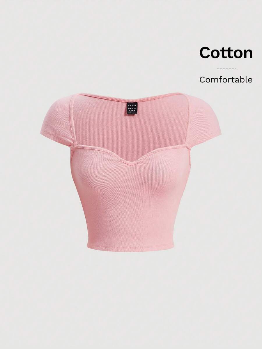 SHEIN MOD 雞心領口條紋針織T恤 - 淺粉色 - 查看 1