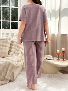 Conjunto de pijama de punto a bloques de color con encaje y costillas, cómodo y adecuado para talla grande