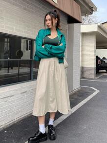 DAZY 纯色简约纽扣中长裙，休闲度假风 - 卡其色 - 查看 5