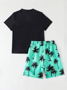 SHEIN Teen Boy Swimwear. Top With Fixed Printing, Bottom With Random Printing. Summer Holiday Boys Teen Swim Set - Boys Swim Trunks With Rash Guard UPF50+ 2 Piece Bathing Suits With Shorts Swimsuit Set