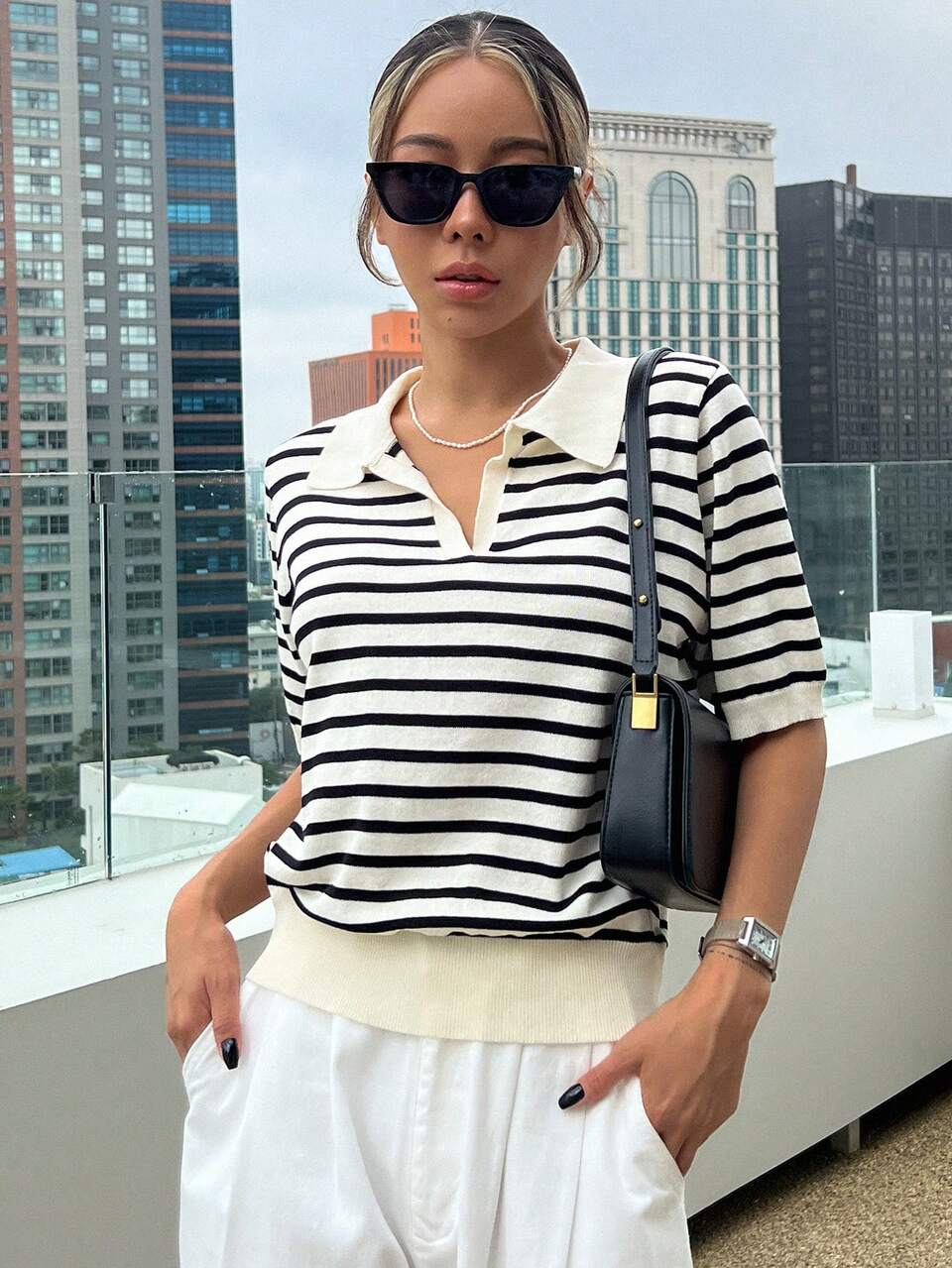 Striped Polo Collar Short Sleeve Casual Women Knitwear Top, Spring And Summer,Fall Clothes