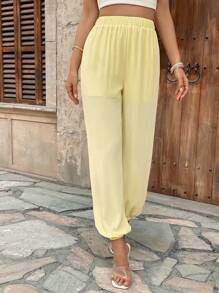 Breezaya Pantalones holgados tipo farol casuales para vacaciones de mujer, con cintura elástica, parcialmente transparentes, para primavera/verano - Amarillo - Ver 6