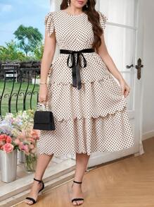 SHEIN Clasi Plus Size Women Elegant Polka Dot Print Round Neck Cap Sleeve Layered Ruffles Hem Romantic Cake Dress,Romantic Dresses,Summer Dresses For Women,Summer Outfits For Women,Wedding Guest Dress Women - Apricot - View 9