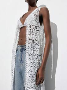 Maija Women's Summer Beach Vacation Hollow Out Tassel Hem Sleeveless Knitted Cardigan