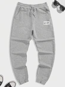 RueChic Men Letter Patched Drawstring Waist Joggers - Grey - View 1