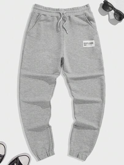 RueChic Cotton Men Letter Patched Drawstring Waist Sweatpants