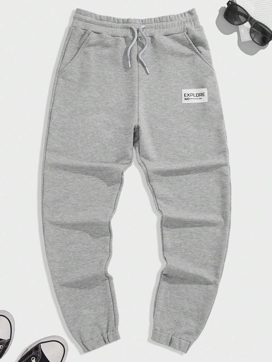 RueChic Men Letter Patched Drawstring Waist Joggers - Grey - View 1