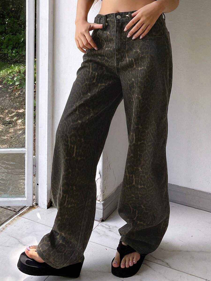 Livesso 女士豹纹阔腿宽松休闲牛仔裤，带口袋，Y2K风格 - 棕色 - 查看 1