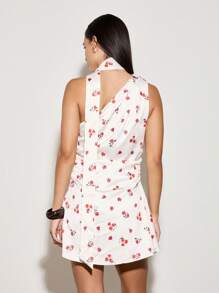 AiiRZ Ärmelloses Blumen-Minikleid mit Neckholder, Sommer Frühling Party A-Linie mit passendem Schal, Modisches Outfit für Strand und Urlaub - Weiss - Übersicht 2