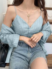 FRIFUL 2 件套女士条纹吊带背心和长袖纽扣衬衫套装亚麻 - 藍色 - 查看 2