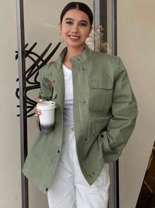 Livesso 女士休闲街头时尚简约纯色翻盖口袋拉链常规款夹克女外套 - 軍綠色 - 查看 2