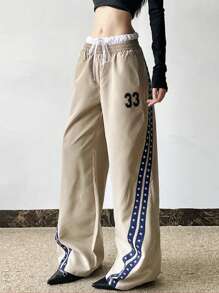 INAWLY Pantalones casuales con panel de rayas laterales de decoración digital para mujer