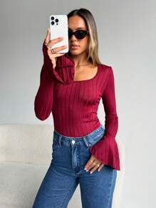 SHEIN Essnce Cổ vuông Tay áo loe Áo thun - Màu Hoa hồng đỏ - Xem 2