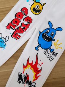 Bộ 2 món/bộ quần áo trẻ em trai thường ngày phong cách đại học thoải mái & thời trang đơn giản thiết thực dễ thương họa tiết graffiti in nhiệt lót áo nỉ trùm đầu & quần, phù hợp cho bé trai trở lại trường, bộ quần áo trẻ em trai đi học, hàng ngày, trường học, ngoài trời, thể thao, thu đông - trắng - Xem 9