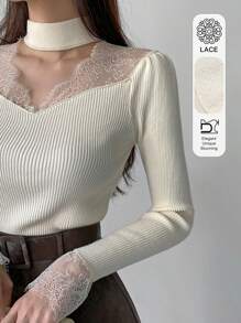 DAZY Women Lace Splice Hollow Out Slim Fit Long Sleeve Sweater, White, Spring/Autumn,Fall Women Clothes - White - View 8