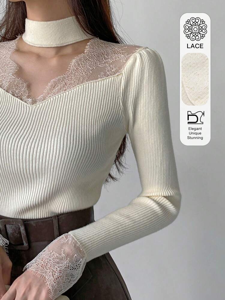Women Lace Splice Hollow Out Slim Fit Long Sleeve Sweater, White, Spring/Autumn,Fall Women Clothes