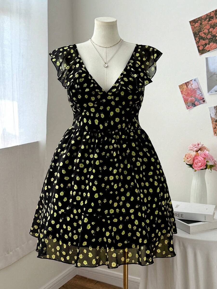 Flirla V-Neck Floral Print Cap Sleeve Cinched Waist Short Dress - Multicolor - View 1