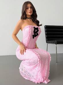 Firerie Robe moulante sirène élégante et raffinée pour femmes, style minimaliste romantique, parfaite pour la Saint-Valentin, les sorties, les fêtes, les mariages. Accentuée de dentelle, de volants et d'un nœud en velours. Couleur rose - Rose bonbon - Voir 6