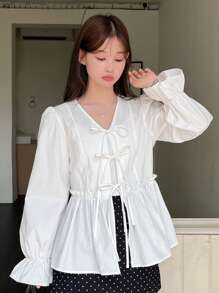 DAZY Women's Solid Color Frill Trim Front Tie Long Sleeve Top, Casual Daily Wear - White - View 7