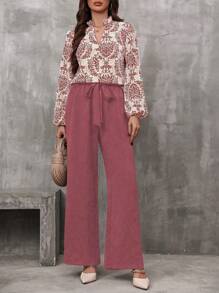 SHEIN Clasi Retro Printed Random Cut-Out Neck Lantern Sleeve Shirt And Long Pants 2 Pieces Set - Pink - View 1