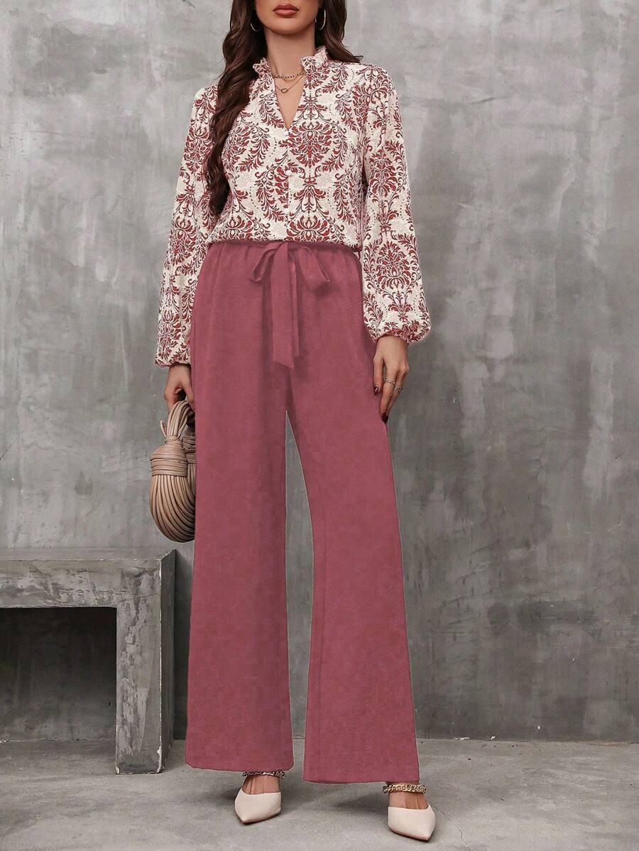 SHEIN Clasi Retro Printed Random Cut-Out Neck Lantern Sleeve Shirt And Long Pants 2 Pieces Set - Pink - View 1