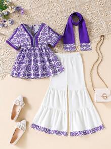 SHEIN Young Girl Floral Print Blouse & Flare Leg Pants & Scarf