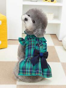 PETSIN 绿色春夏甜美时尚JK风格经典格子蝴蝶结装饰皮带小狗裙 - 綠色 - 查看 1