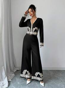 Siren Gaze 2pcs Women Solid Color Patchwork Floral Prints Long Sleeve Top And Pants Set,Colour-Blocked Edges Women Clothing Sets,Commute Daily Wear,Suitable For Spring And Autumn