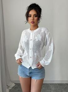 Chiquease 女士落肩常规休闲宽松圆领花卉镂空纽扣薄袖口和下摆春夏开衫 - 白色 - 查看 5