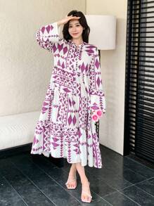 DAZY Rochie tip cămașă cu imprimeu lejer și mânecă trei sferturi, cu volane, rochie de toamnă, rochie maxi cu mânecă lungă - Violet - Vizualizare 8